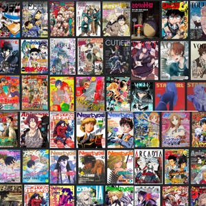 May include: A collection of colorful Japanese anime and manga magazines. The covers feature various illustrations of characters, titles, and text. The magazines are arranged in a grid, showcasing a variety of styles and themes.