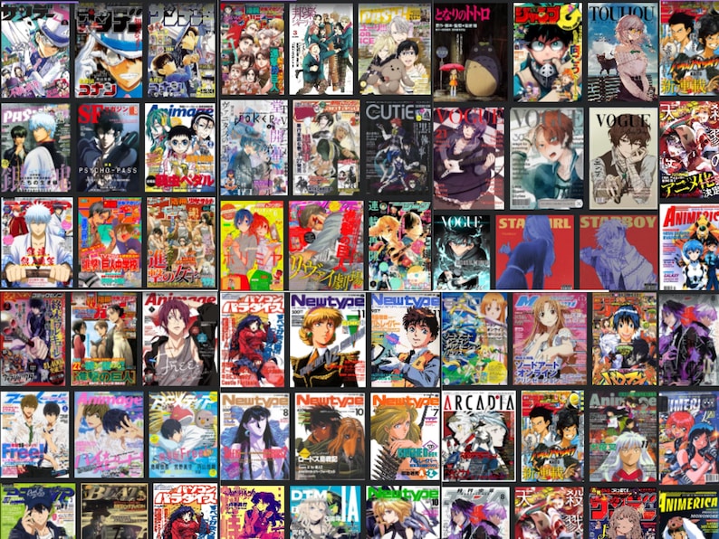 May include: A collection of colorful Japanese anime and manga magazines. The covers feature various illustrations of characters, titles, and text. The magazines are arranged in a grid, showcasing a variety of styles and themes.