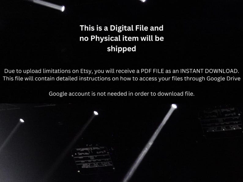 May include: Black and white image with text stating "This is a Digital File and no Physical item will be shipped." Additional text explains the file is a PDF and an instant download with instructions on how to access it via Google Drive.