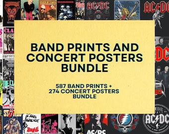 May include: A collage of band prints and concert posters featuring various rock bands, including Metallica, System of a Down, Rammstein, AC/DC, and Grateful Dead. The text "Band Prints and Concert Posters Bundle" is displayed in the center of the image, along with the number of prints and posters included in the bundle.