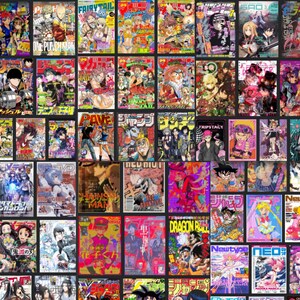 May include: A collage of colorful manga magazine covers. The covers feature various anime characters, bold text, and vibrant graphics. Titles include "ONE PUNCH", "FAIRY TAIL", and "DRAGON BALL". The overall aesthetic is bright and energetic.