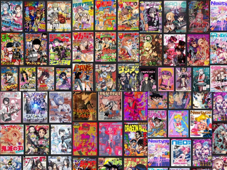 May include: A collage of colorful manga magazine covers. The covers feature various anime characters, bold text, and vibrant graphics. Titles include "ONE PUNCH", "FAIRY TAIL", and "DRAGON BALL". The overall aesthetic is bright and energetic.