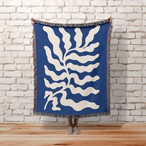 Blue Matisse Leaf Throw Blanket, Matisse Throw Blanket,Matisse Blanket,Picnic Blanket,Tapestry Blanket,Heirloom Woven,Woven Tapestry Blanket