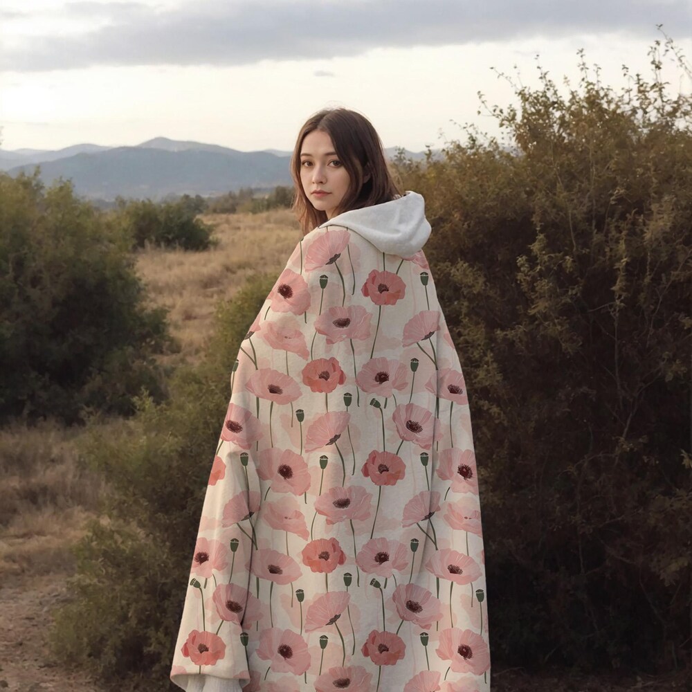 Pink Poppy Hooded Blanket, Poppies Blanket, Hooded Sherpa Fleece Blanket, Wearable Blanket, Hooded Cape, Hoodie Blanket, Hooded Blanket Coat Moderndaydecors