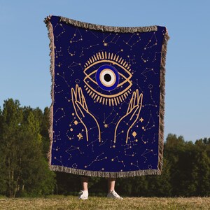 Manta tejida Boho Evil Eye, decoración de habitación celestial, decoración mística, mapa estelar, constelación, decoración Whimsigoth, manta de tapiz, Evileye, protección