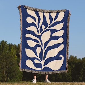 Blue Matisse Leaf Throw Blanket, Matisse Throw Blanket,Matisse Blanket,Picnic Blanket,Tapestry Blanket,Heirloom Woven,Woven Tapestry Blanket