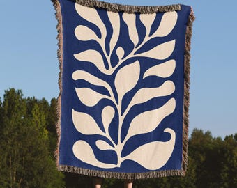 Blue Matisse Leaf Throw Blanket, Matisse Throw Blanket,Matisse Blanket,Picnic Blanket,Tapestry Blanket,Heirloom Woven,Woven Tapestry Blanket
