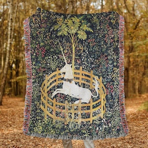 Medieval Unicorn Woven Throw Blankets, Unicorn In Captivity, Cottagecore Tapestry, Vintage Captive Unicorn Wall Tapestry