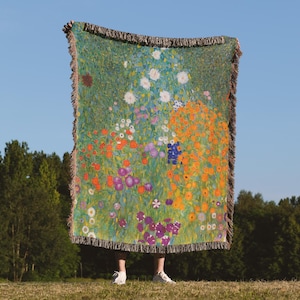 グスタフ・クリムト フラワーガーデン 織りブランケット、織りスローブランケット、花柄タペストリーブランケット、芸術的なギフト、有名アーティストのプリントブランケット