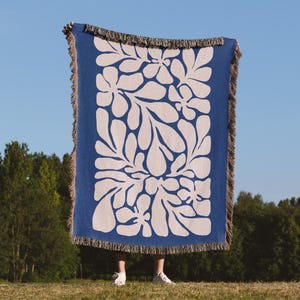 Blue Matisse Leaf Throw Blanket, Matisse Throw Blanket,Matisse Blanket,Picnic Blanket,Tapestry Blanket,Heirloom Woven,Woven Tapestry Blanket