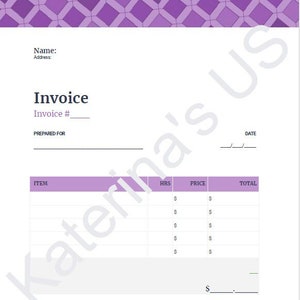 May include: A purple and white invoice template with the words "Invoice #" and "Prepared For" at the top. The template has columns for "Item", "Hrs", "Price", and "Total".