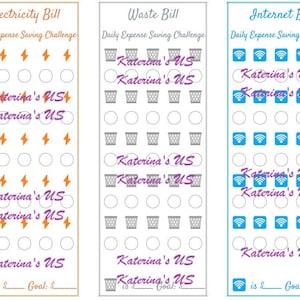 Puede incluir: Cuatro gráficos verticales de seguimiento de gastos etiquetados como Water Bill, Electricity Bill, Waste Bill e Internet Bill. Cada gráfico tiene un título, una serie de iconos y el texto "Katerina's US". La parte inferior de cada gráfico tiene espacio para una cantidad objetivo.