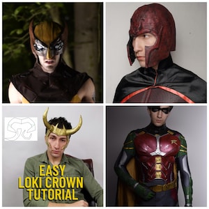 Puede incluir: Un collage de cuatro imágenes que muestran diferentes trajes de cosplay. La imagen superior izquierda muestra a una persona con una máscara amarilla y negra. La imagen superior derecha muestra a una persona con un casco rojo. La imagen inferior izquierda muestra a una persona con una corona dorada. La imagen inferior derecha muestra a una persona con un traje rojo y negro con una pieza de pecho roja.