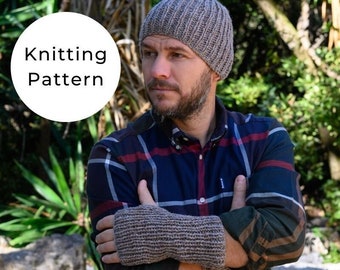 Men's Fingerless Mittens + Hat Knitting Pattern / Hat Pattern / Fingerless Mittens Pattern / Knit Hat Pattern