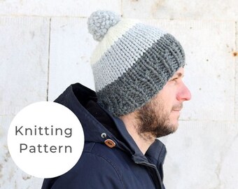 Knitting Pattern / Men's hat pattern / Easy knit men's hat with pom pom / Winter hat pattern / Easy knitting pattern