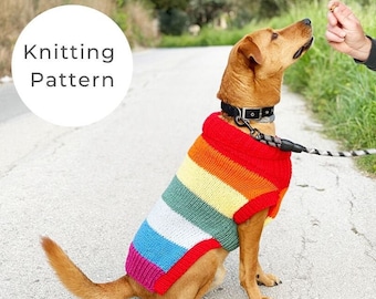 Rainbow dog sweater knitting pattern, dog sweater pattern, striped dog sweater pattern, knitting pattern, dog clothes, dog jumper pattern