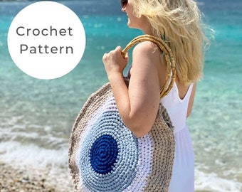 Crochet beach bag pattern, crochet bag, crochet pattern, crochet bag pattern, crochet circle bag pattern, beach bag, evil eye bag