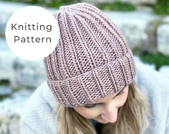 Beginner Beanie Hat Knitting Pattern Beanie Knit on Straight Needles Easy Hat Knitting Pattern Ribbed Beanie Pattern Etsy