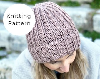 Beginner Beanie Hat Knitting Pattern, Beanie Knit On Straight Needles, Easy Hat Knitting Pattern, Ribbed Beanie Pattern,