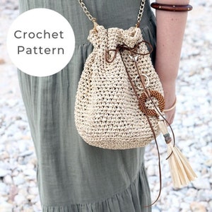 Drawstring bag crochet pattern, crochet bag pattern, crochet pattern, crochet bag pattern, crochet raffia bag, raffia bag pattern image 1