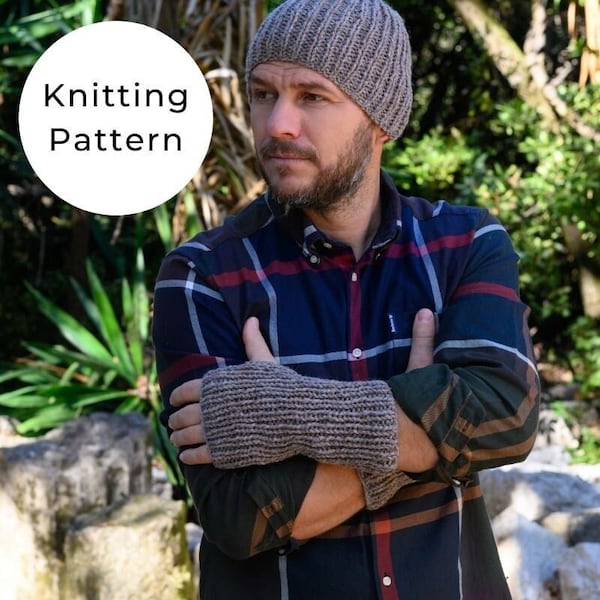 Men's Fingerless Mittens + Hat Knitting Pattern / Hat Pattern / Fingerless Mittens Pattern / Knit Hat Pattern