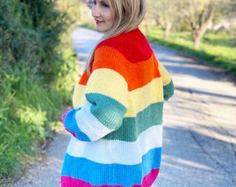 Rainbow Cardigan Knitting Pattern, Rainbow Sweater Pattern, Rainbow Sweater, Boyfriend Cardigan, Oversized Cardigan, Knit Striped Cardigan