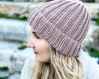 Beginner Beanie Hat Knitting Pattern, Beanie Knit On Straight Needles, Easy Hat Knitting Pattern, Ribbed Beanie Pattern,
