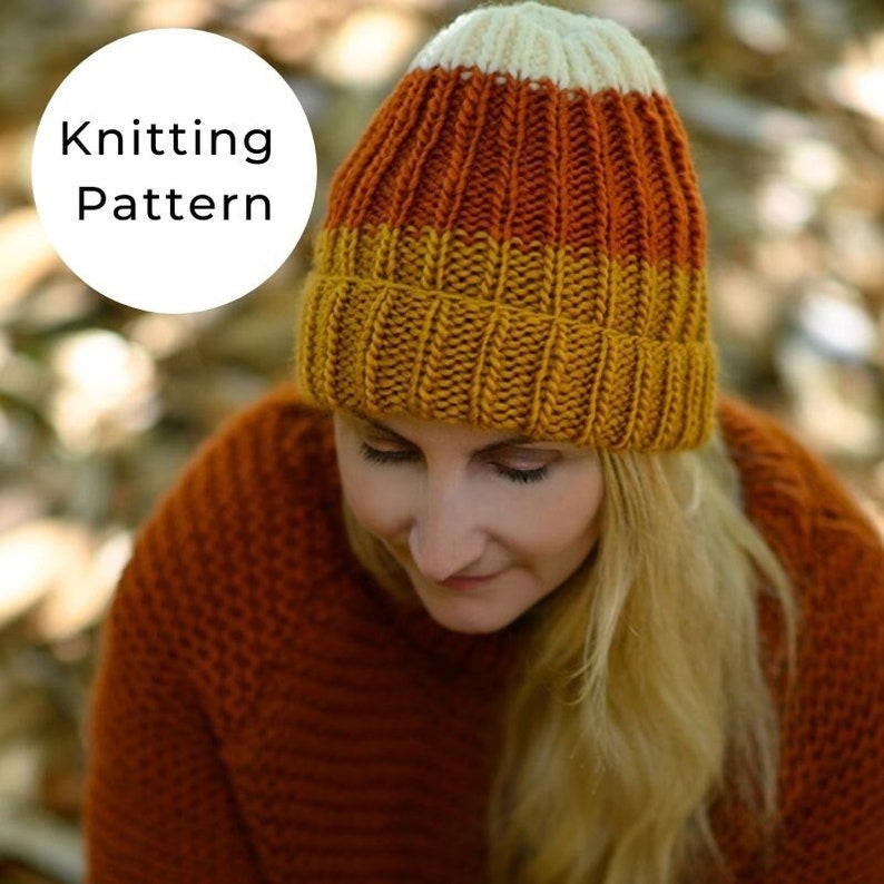 Candy Corn Hat Knitting Pattern, Beginner Beanie Hat Knitting Pattern, Beanie Knit On Straight Needles, Hat Pattern, Ribbed Beanie Pattern, image 1