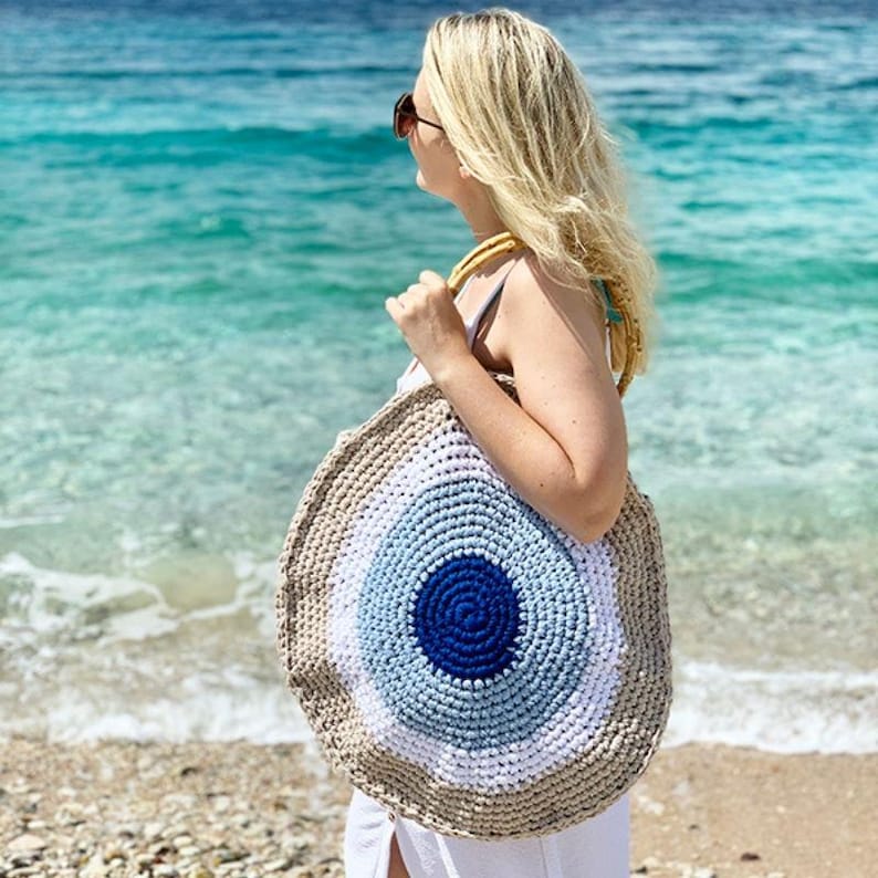 Crochet Beach Bag Pattern, Crochet Bag, Crochet Pattern, Crochet Bag Pattern, Crochet Circle Bag Pattern, Beach Bag, Evil Eye Bag image 2