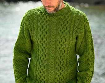 Men's Sweater Pattern Aran V Neck | Cable Knit Chunky Pullover S