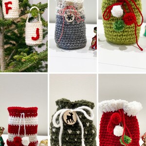 May include: Six crocheted gift bags in various colors and designs. The bags are decorated with pom-poms, wooden buttons, and ribbon. The bags are perfect for holding small gifts or treats.