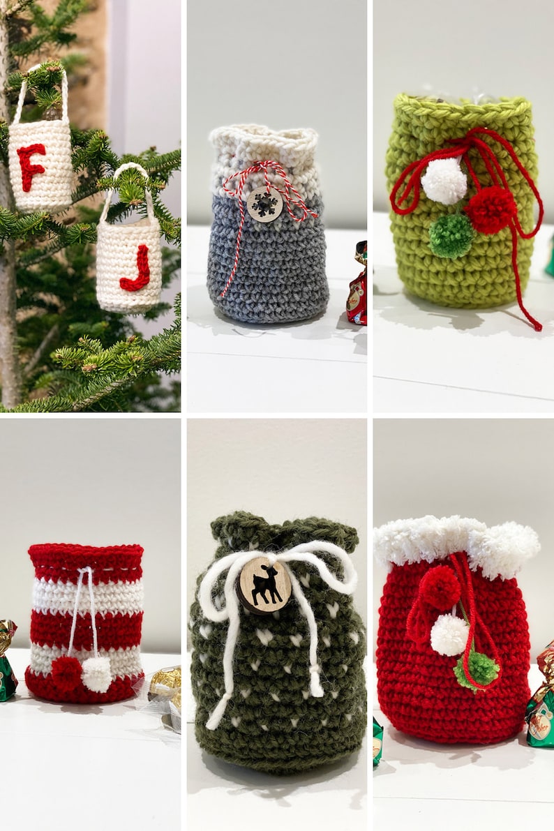 May include: Six crocheted gift bags in various colors and designs. The bags are decorated with pom-poms, wooden buttons, and ribbon. The bags are perfect for holding small gifts or treats.
