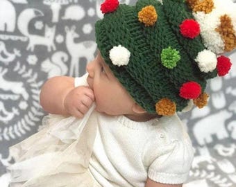 Baby Christmas Hat Knitting Pattern, Baby Christmas Knit, Baby Christmas Outfit, baby Hat Pattern, Pom Pom Hat Pattern, Christmas Tree Hat