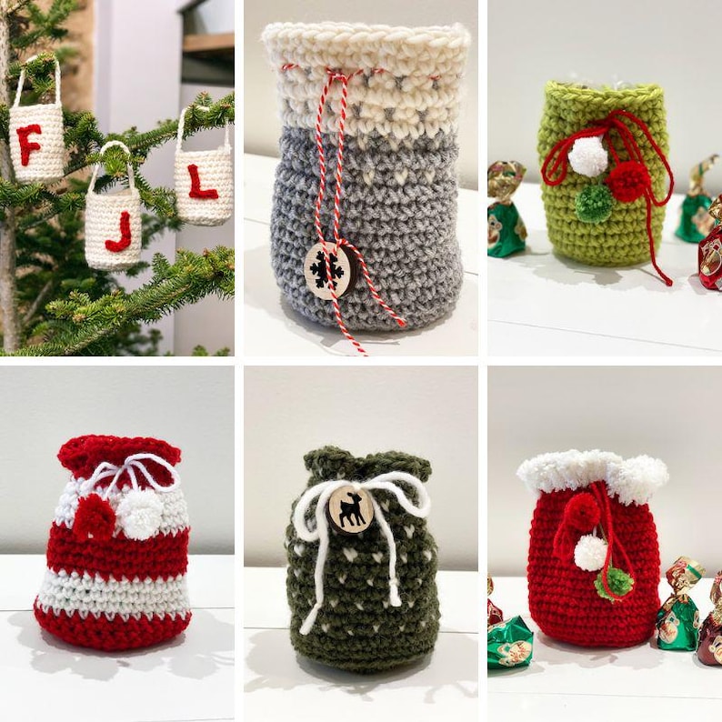Christmas Crochet Bag Patterns, Crochet Gift Bags, Crochet Christmas Bag Patterns, Crochet drawstring Bag Pattern, Crochet Pattern image 1