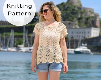 The Calliope Tee Knitting Pattern, Tee Knitting Pattern, Tee Pattern, Top Knitting Pattern, Summer Top, Summer Knit Top, Ripple Stitch Tee,