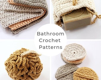 Bathroom crochet patterns, crochet pattern, washbag, face scrubbies, wash cloth, shower pouf, soap saver, wash mitt, soap bag,