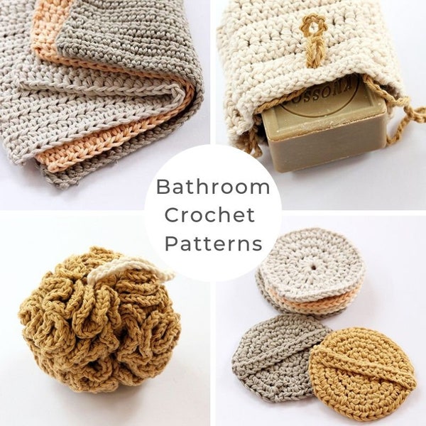 Bathroom crochet patterns, crochet pattern, washbag, face scrubbies, wash cloth, shower pouf, soap saver, wash mitt, soap bag,