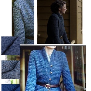 K&ouml;nnte beinhalten: Ein blauer Strickcardigan mit Knopfleiste und braunem G&uuml;rtel. Der Cardigan ist in drei verschiedenen Blaut&ouml;nen dargestellt.