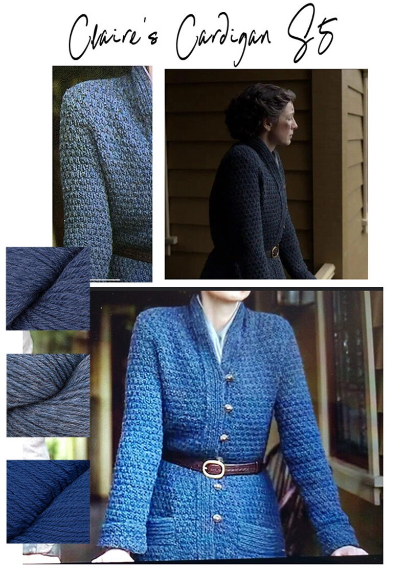 K&ouml;nnte beinhalten: Ein blauer Strickcardigan mit Knopfleiste und braunem G&uuml;rtel. Der Cardigan ist in drei verschiedenen Blaut&ouml;nen dargestellt.