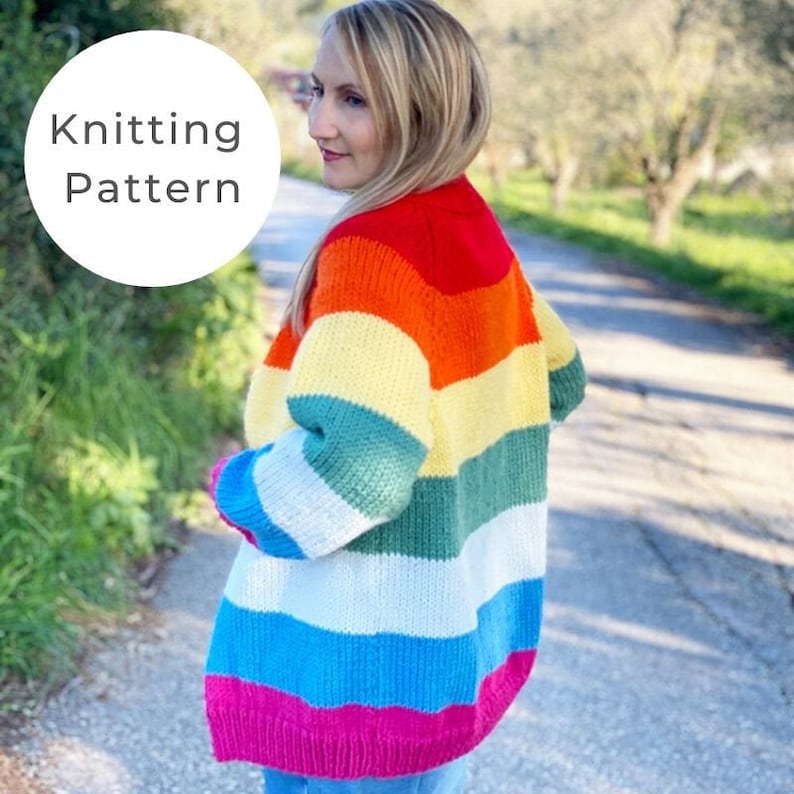 Rainbow Cardigan Knitting Pattern, Rainbow sweater pattern, Rainbow sweater, boyfriend cardigan, oversized cardigan, image 1