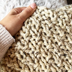 May include: Close-up of a chunky knit throw blanket in a cream color with a subtle flecked texture.