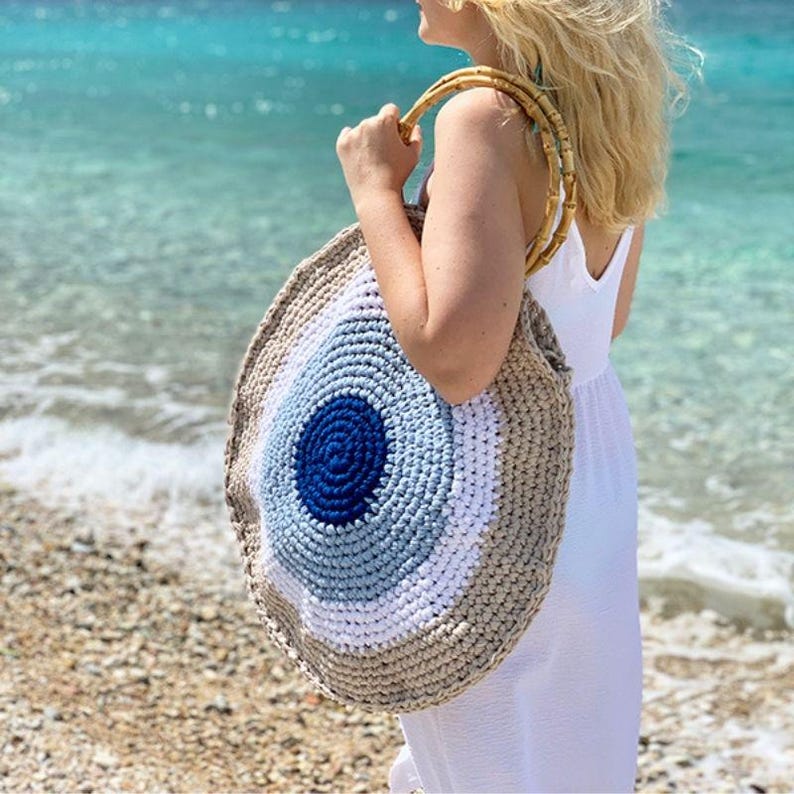 Crochet Beach Bag Pattern, Crochet Bag, Crochet Pattern, Crochet Bag Pattern, Crochet Circle Bag Pattern, Beach Bag, Evil Eye Bag image 1