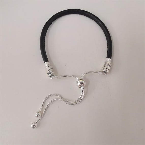 pandora sterling black leather sliding adjustable bracelet - Main Image