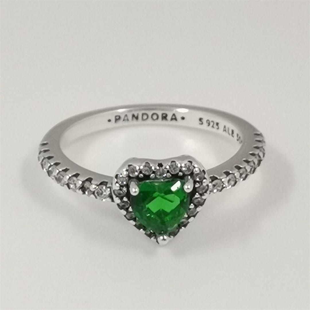 Anillo Pandora Corazón Verde Elevado Plata Esterlina S925 50/52/54