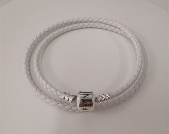 パンドラ シルバー / グレー編み込みレザーブレスレット、パンドラ