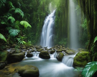 May include: A lush green jungle scene with a cascading waterfall flowing into a clear pool of water. The water is surrounded by smooth, moss-covered rocks.