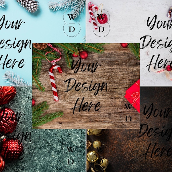 5 Christmas Digital Background Flatlay Bundle,  Christmas Product Flatlay Mockup Backdrop Bundle