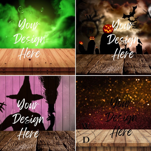 4 Halloween Mockups, Halloween Digital Backgrounds Product Mockup Bundle, Halloween Photo Backdrop Layout Bundle