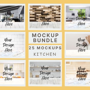 25 Kitchen Mockups, Kitchen Digital Backgrounds Product Mockup Bundle, Kitchen Photo Backdrop Layout Bundle