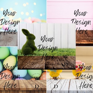 以下が含まれることがあります： 「Your Design Here」のテキストが入った、イースターをテーマにした画像のコラージュ。カラフルなイースターエッグ、緑色のウサギ、黄色のひよこの画像が含まれています。背景には木材とぼやけたボケ効果があります。